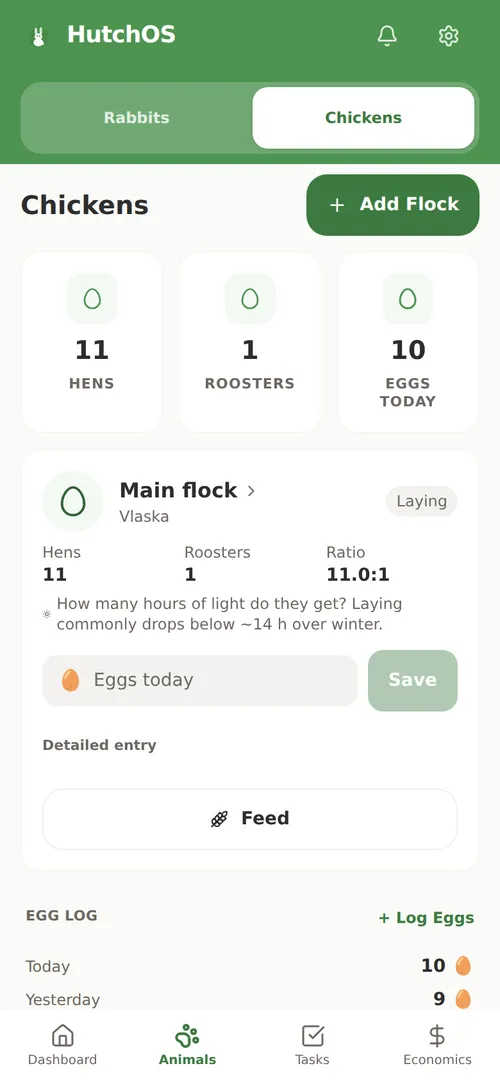 HutchOS chicken flock overview: lay rate, hen count and hen-to-cock ratio