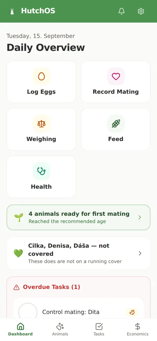 HutchOS daily overview showing an upcoming kindling alert and today’s tasks